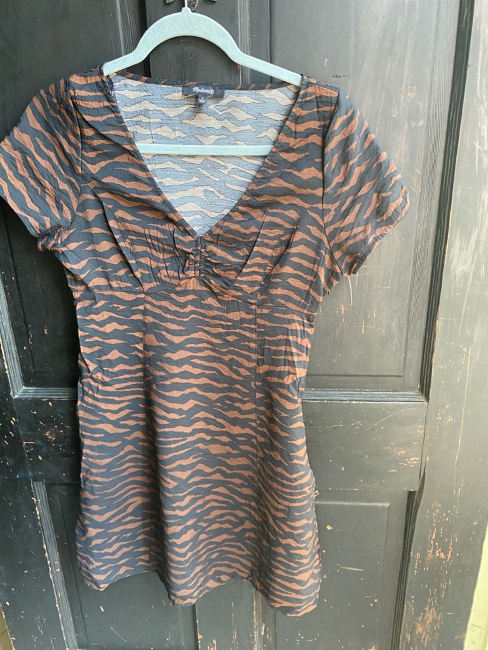 Madewell Black and Brown Tiger-Print V-Neck Dress